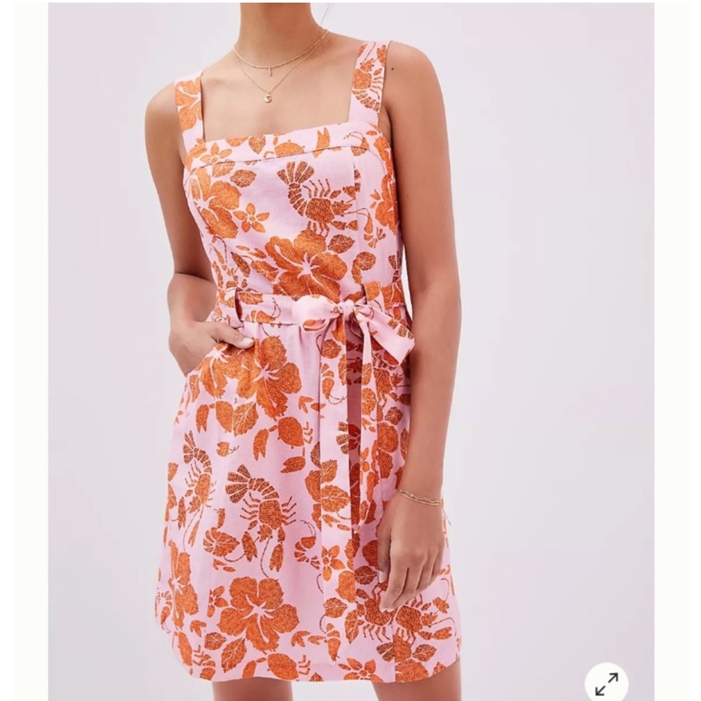 Farm Rio floral lobster print pink & orange linen blend mini dress